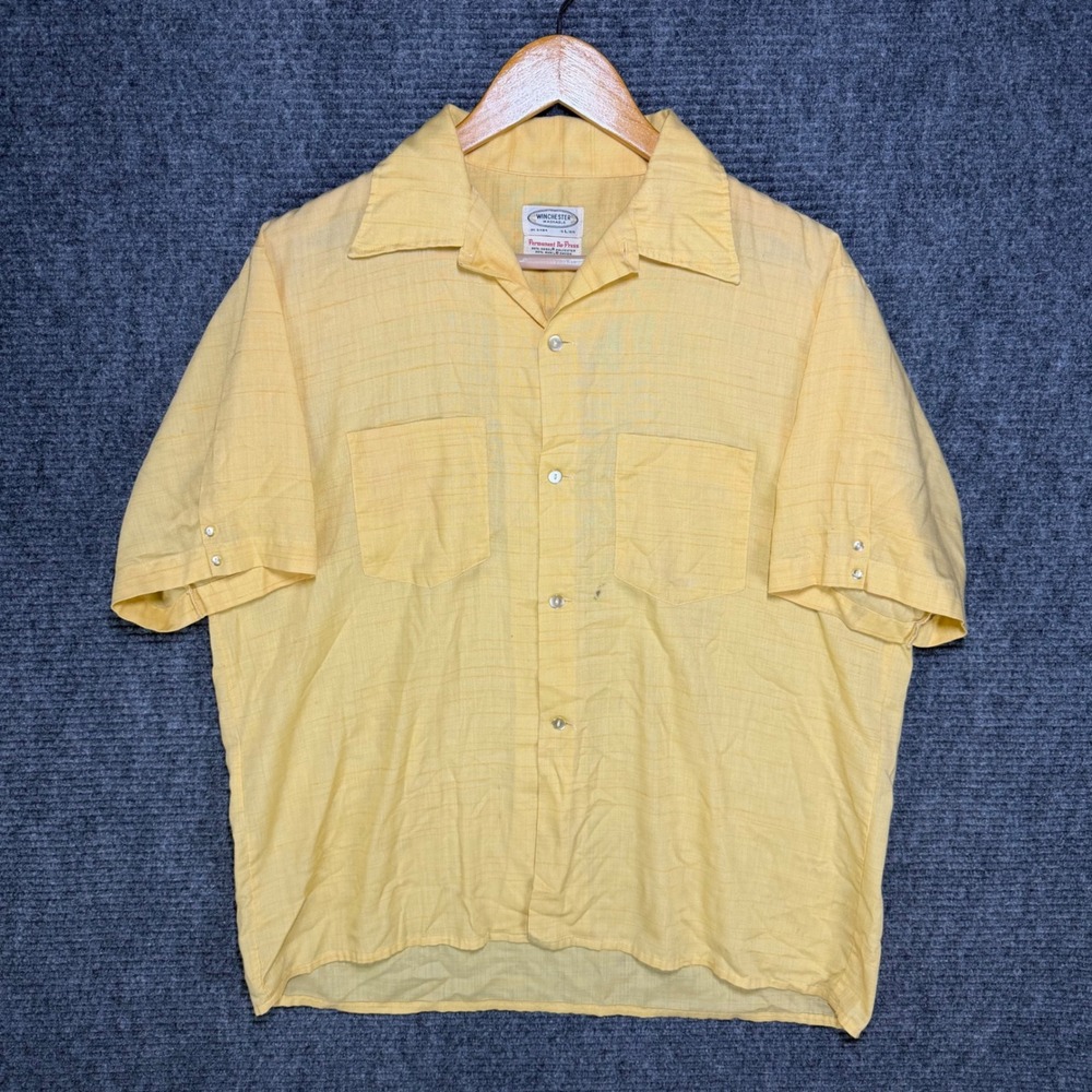 Vintage Winchester Orange Short Sleeve Rayon Button Down Shirt Camp Collar Flaws